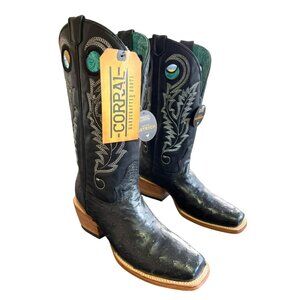NEW Corral Black Genuine Ostrich Leather Cowboy Boots Embroidered Size 8 Womens